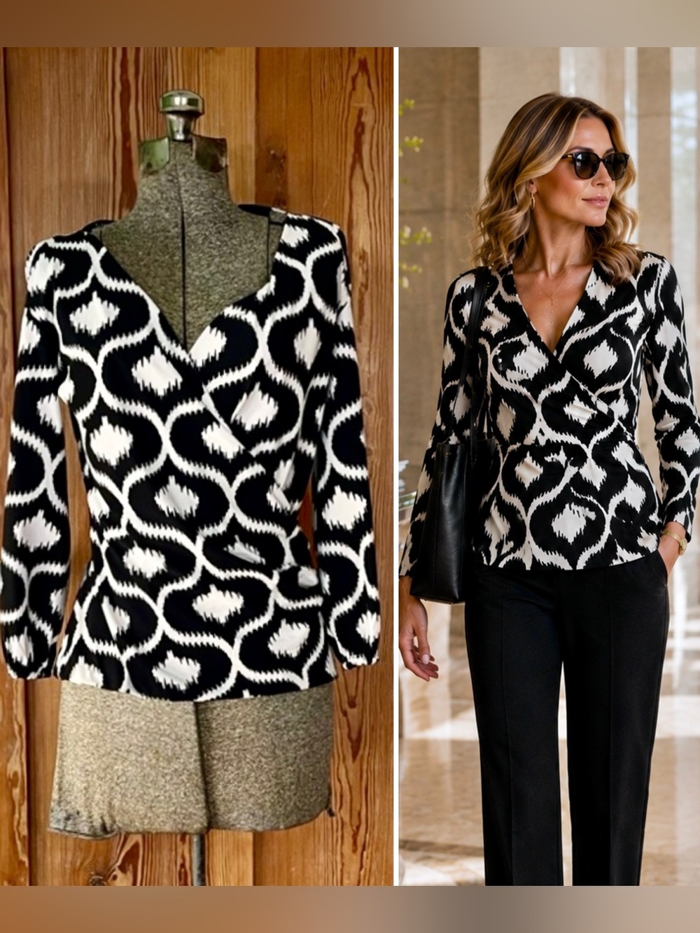 Chiara Boni Black White Ikat Print Wrap Top Stretch Knit Long Sleeve Sz S 🍄